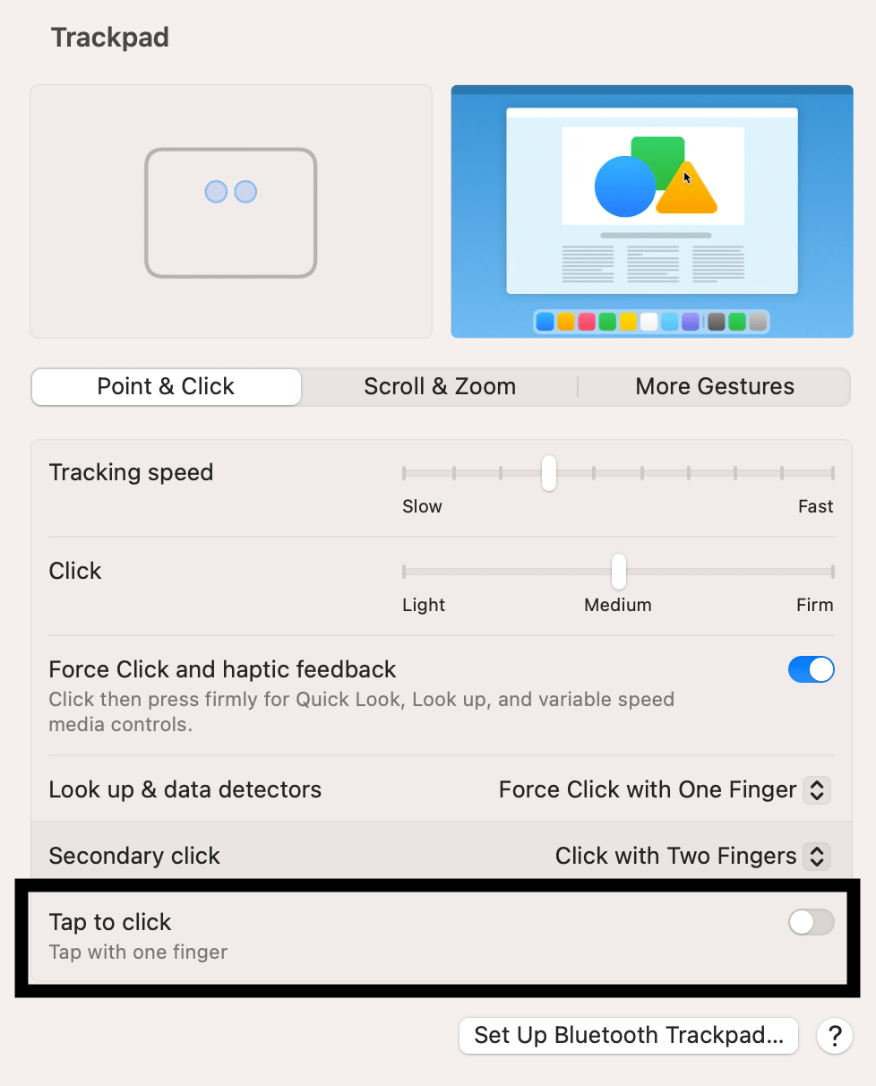 A screenshot showing the Tap to Click switch on Mac