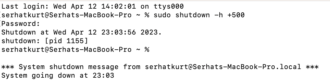 Terminal screen showing a scheduled shutdown 
