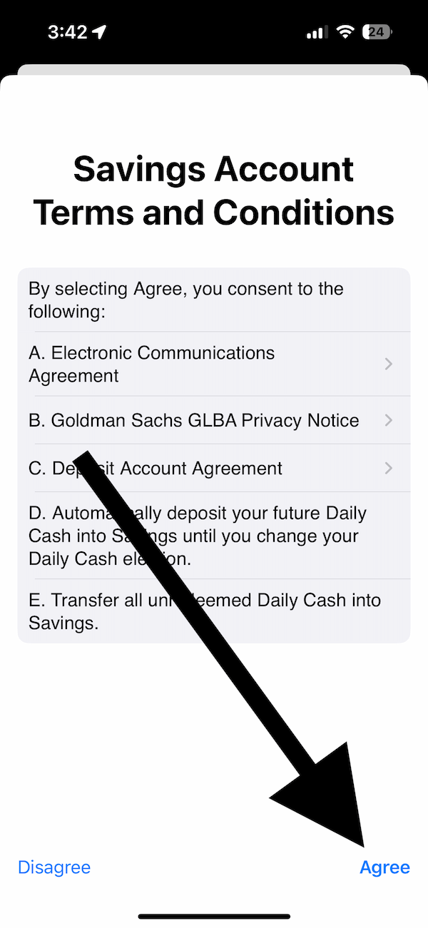 Savings Account Terms and Conditions screen