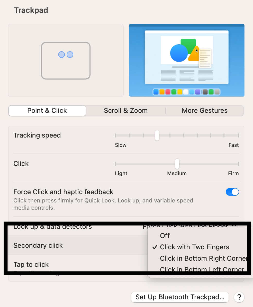Trackpad secondary click settings screen