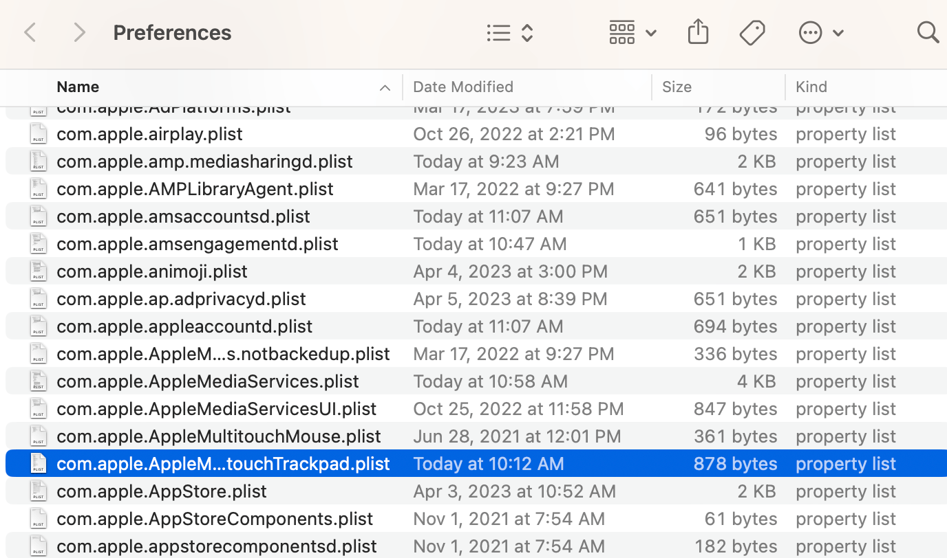 A screenshot showing the Trackpad preference files in Finder on Mac
