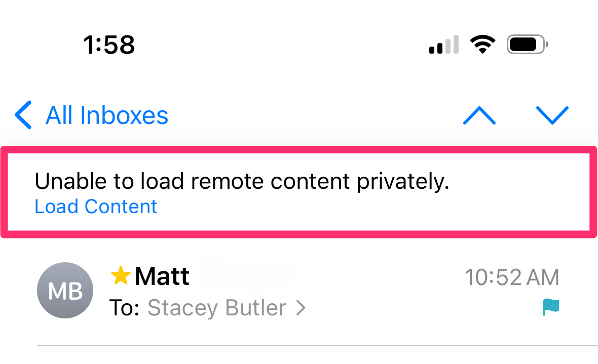 unable to load remote content privately message in mail on iPhone