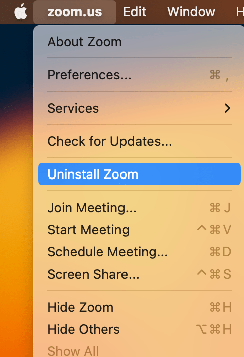 A screenshot showing the Uninstall Zoom option