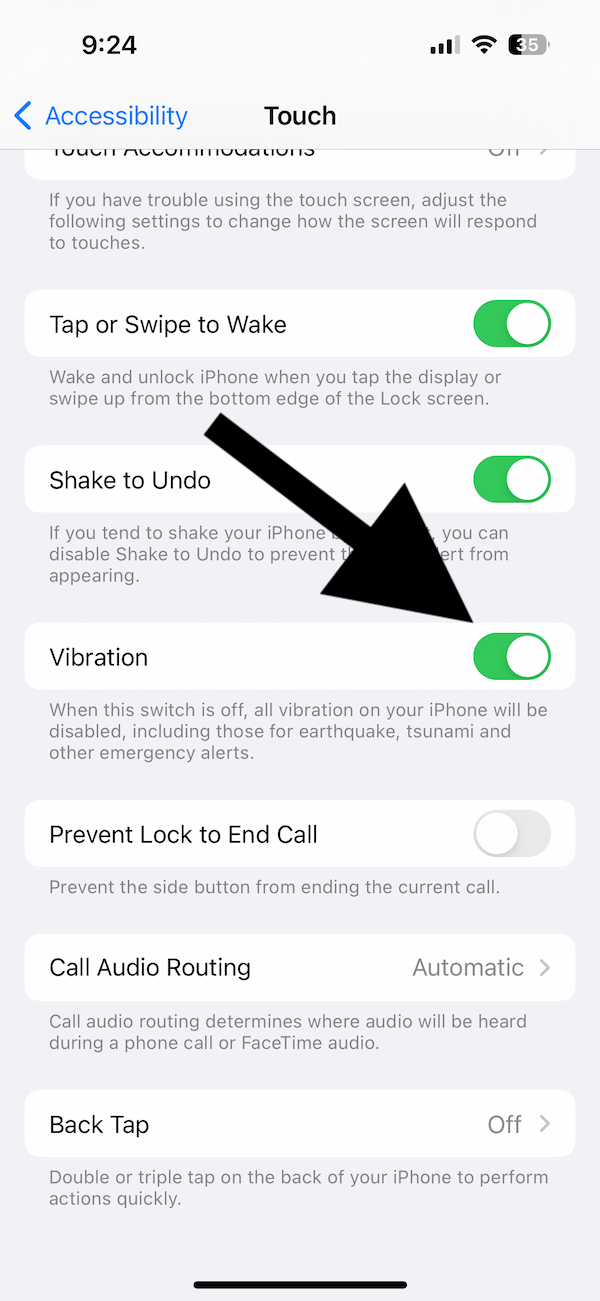 Accessibility Vibration settings to turn all vibrations off.