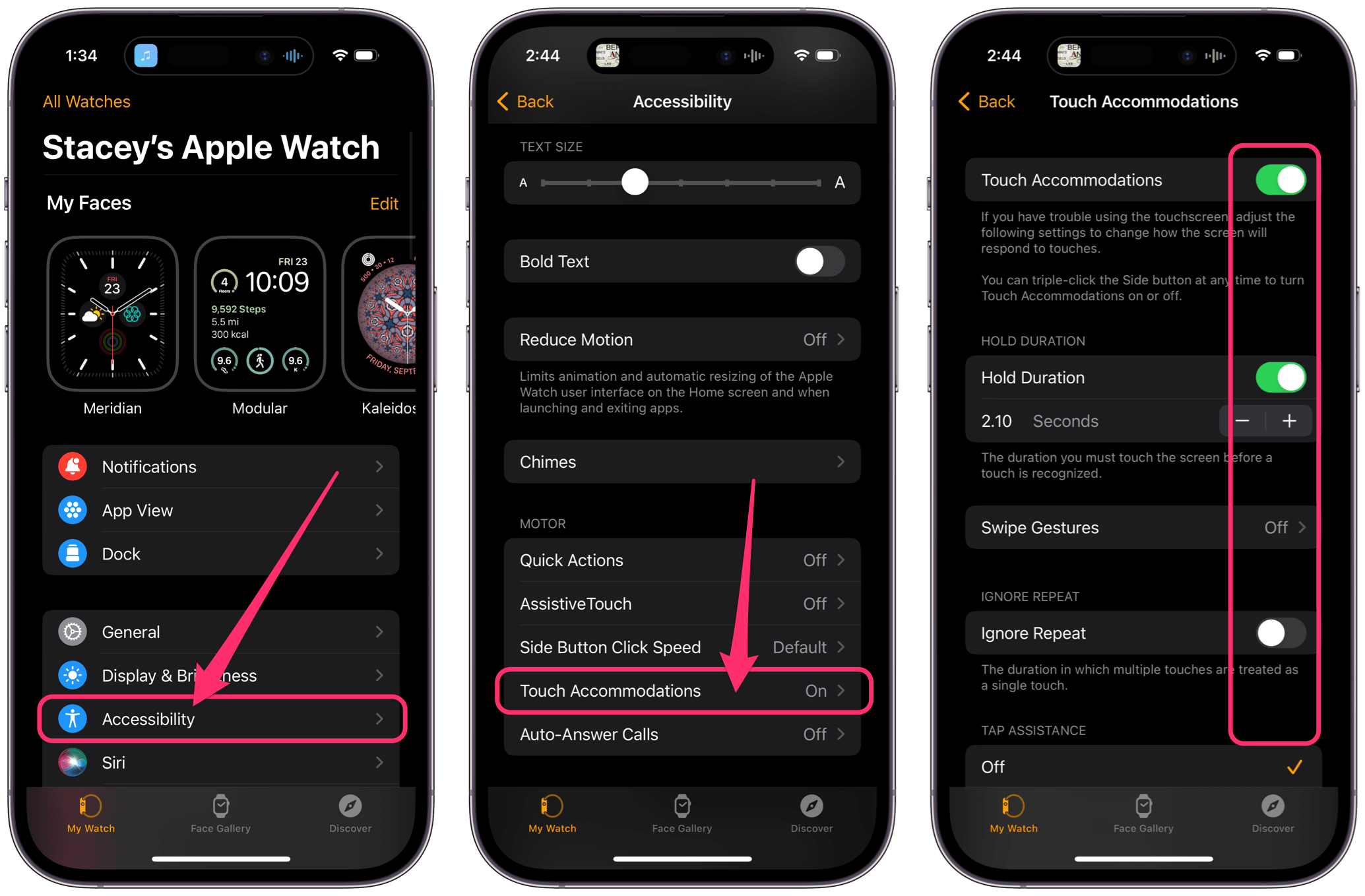 watch app on iPhone showing touch accommodations in accessibility settings