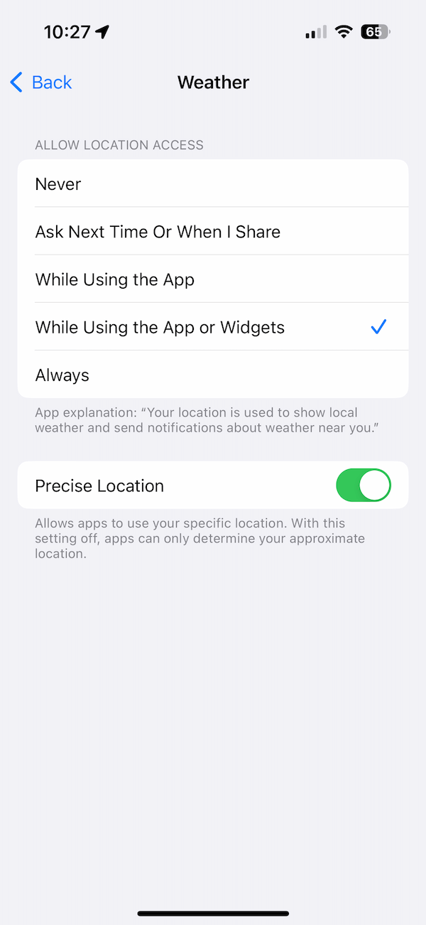 A screenshot showing the Weather app Location Services options