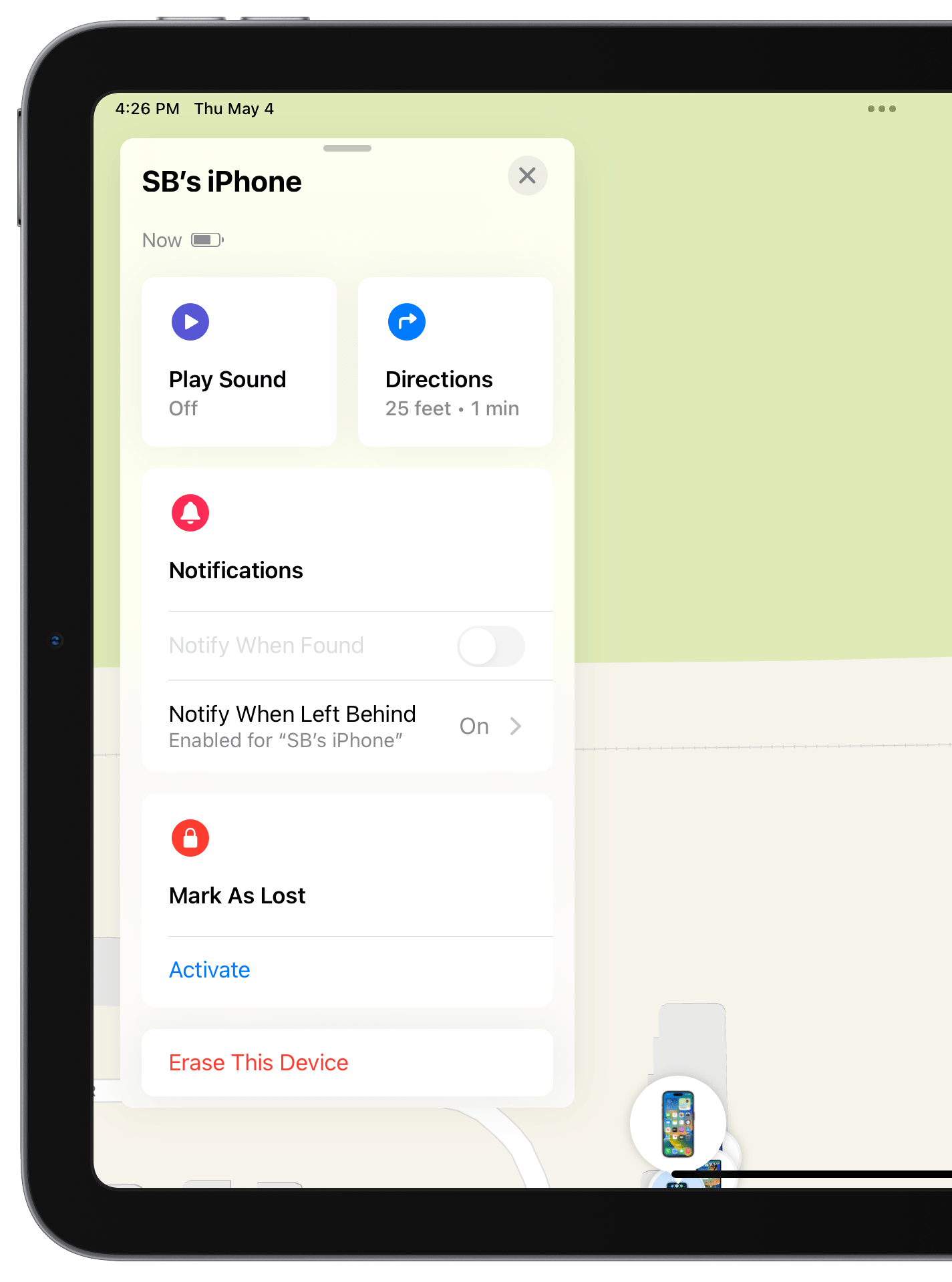 iPhone in Find My app on an iPad