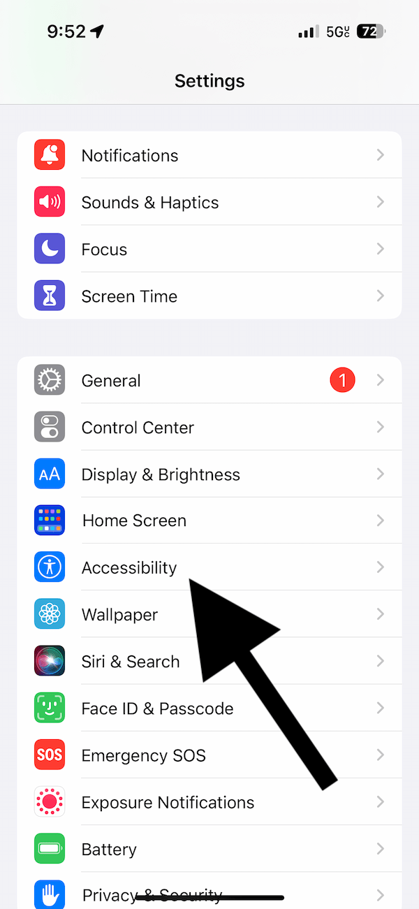 Accessibility option in Settings