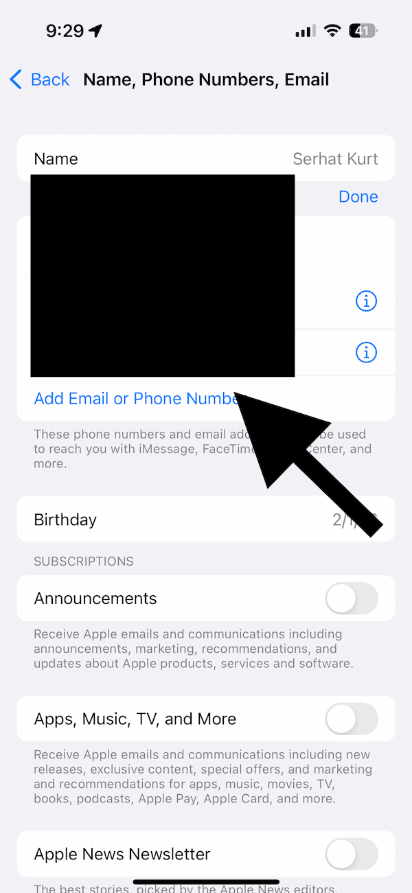 Add Email or Phone Number button