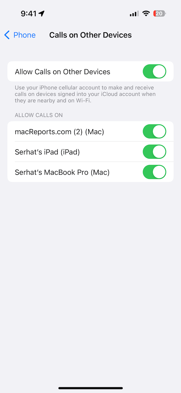 Calls on Other Devices options