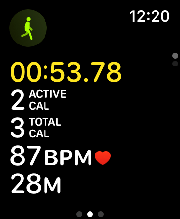 Apple Watch screen showing activity with calorie count.