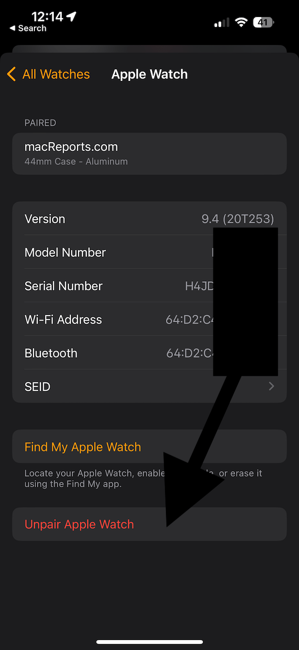 Apple Watch screen showing the Unpair Apple Watch button