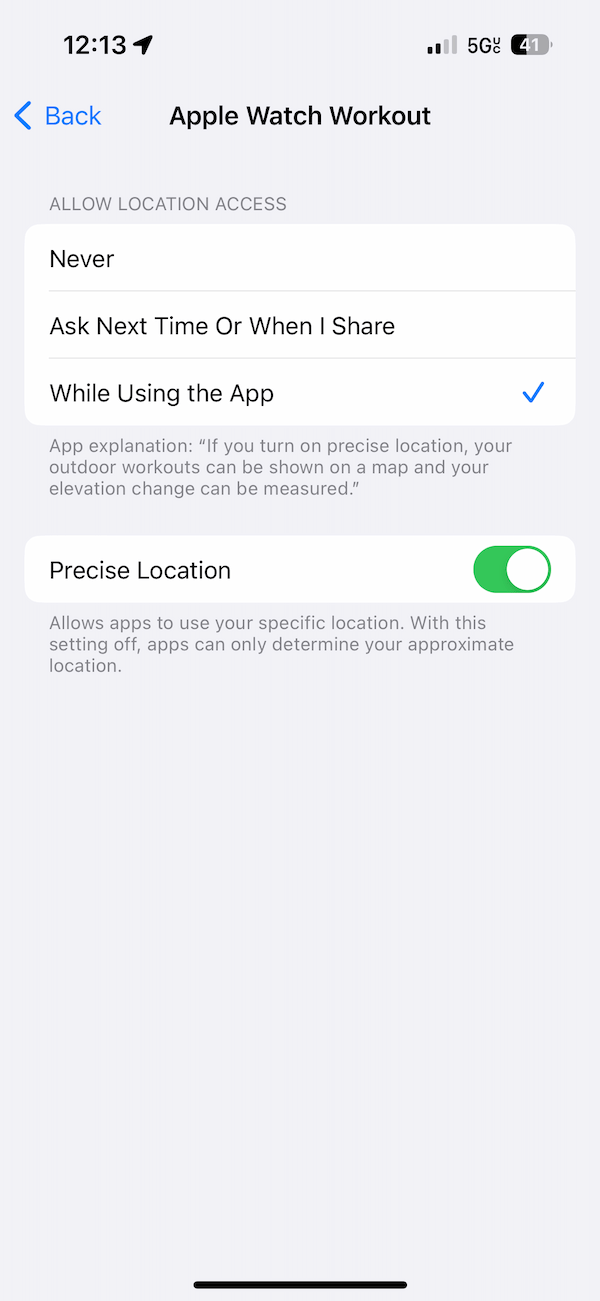 Apple Watch Workout Location Services setting