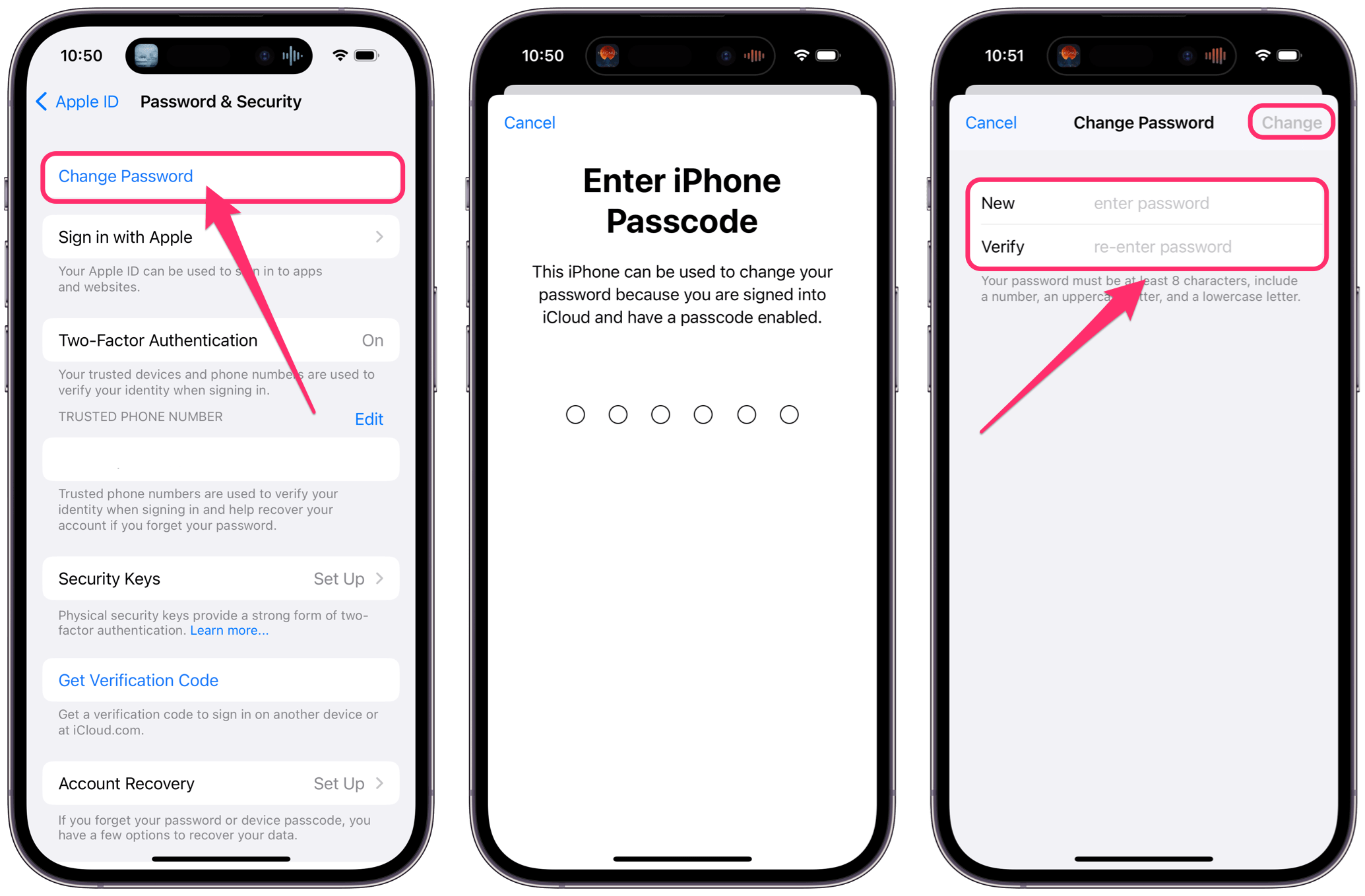 change password for Apple ID in settings oniphone