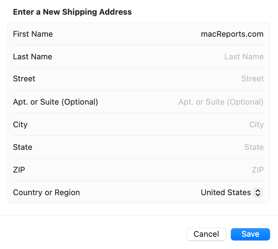 New Shipping Address on Mac