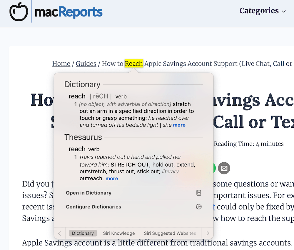 Mac Dictionary info box