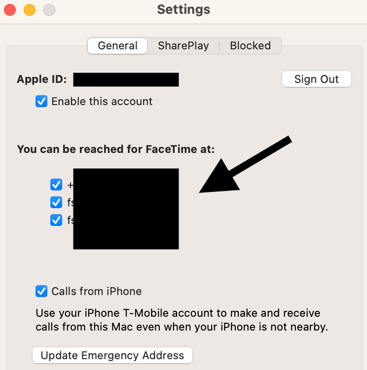 FaceTime email settings on Mac