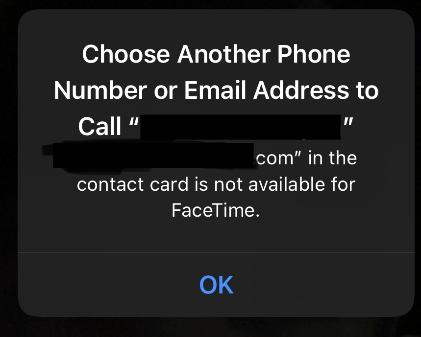FaceTime error message saying Choose Another Phone Number or Email Address