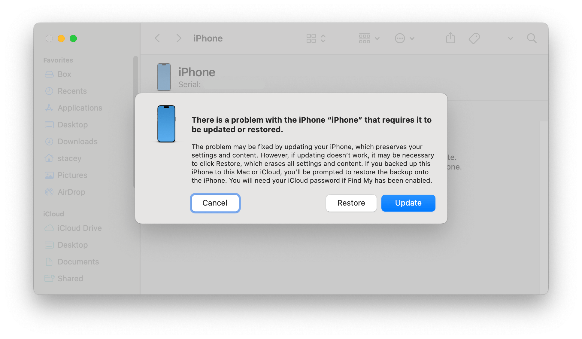 iPhone in recovery mode in Finder popup asking update or restore