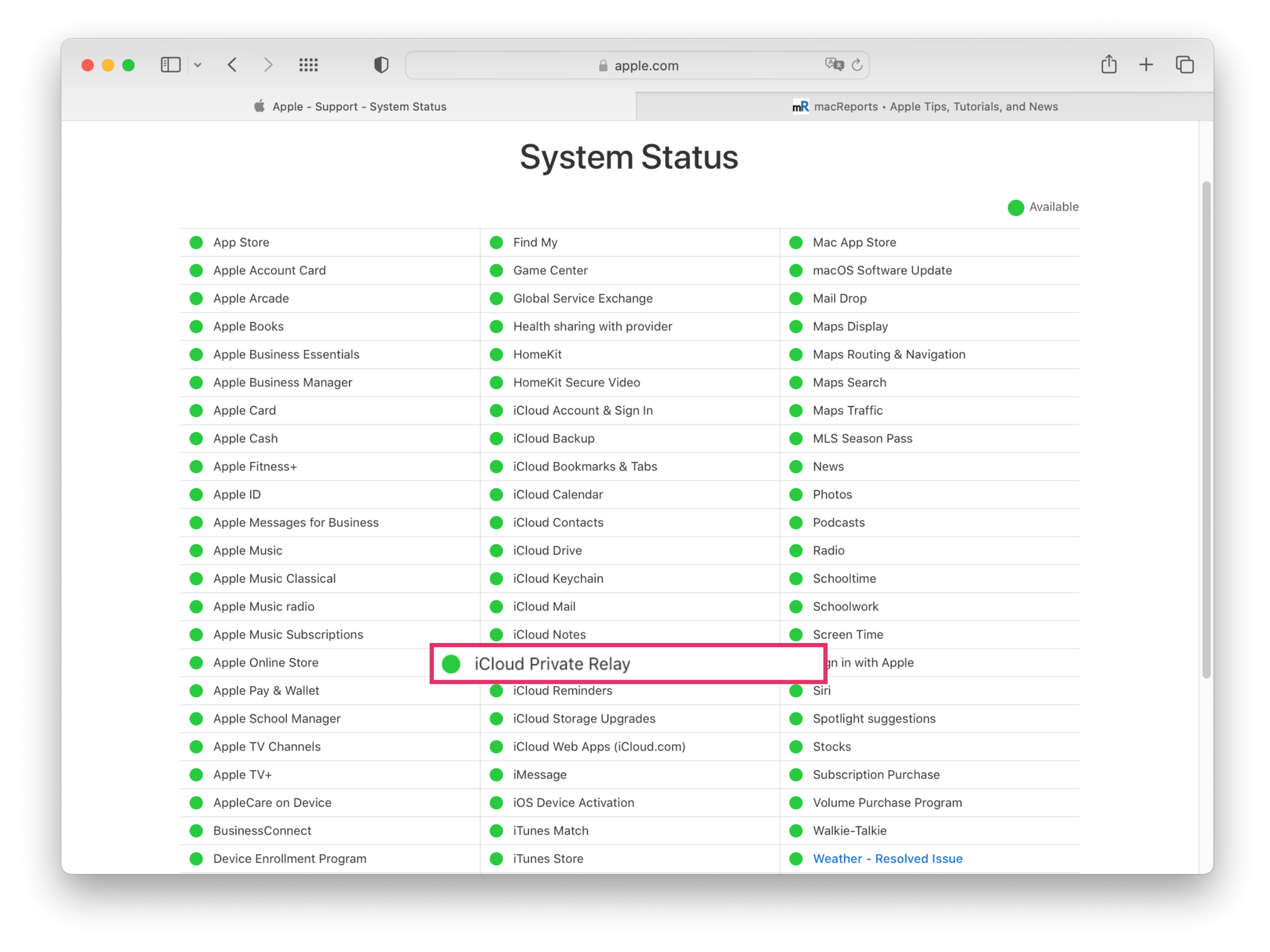 iCloud private relay on apple system status page