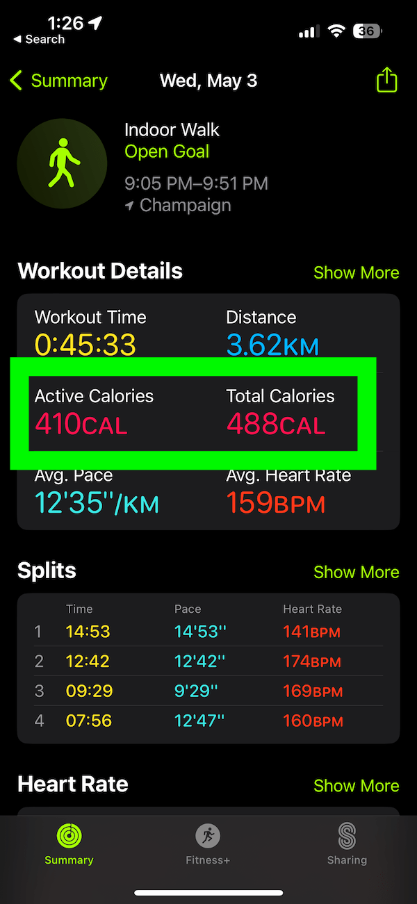 iPhone showing Active Calories and Total Calories 