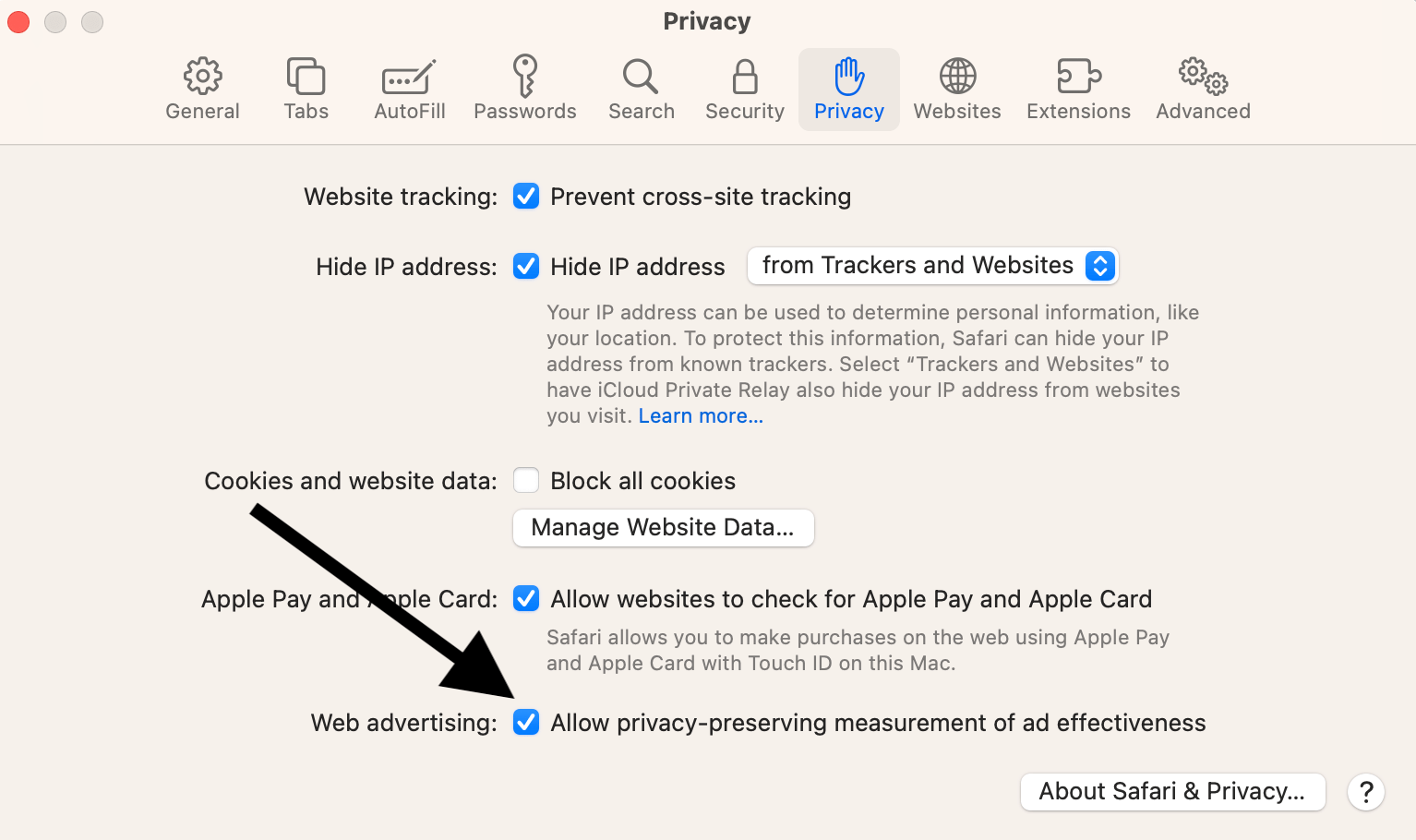 Mac Safari screenshot showing the Allow privacy preserving measurement of ad effectiveness option