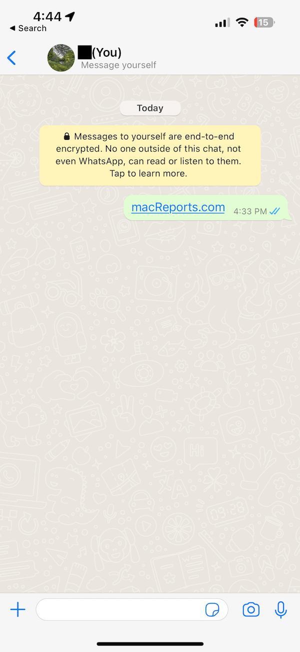 Message yourself screen in WhatsApp