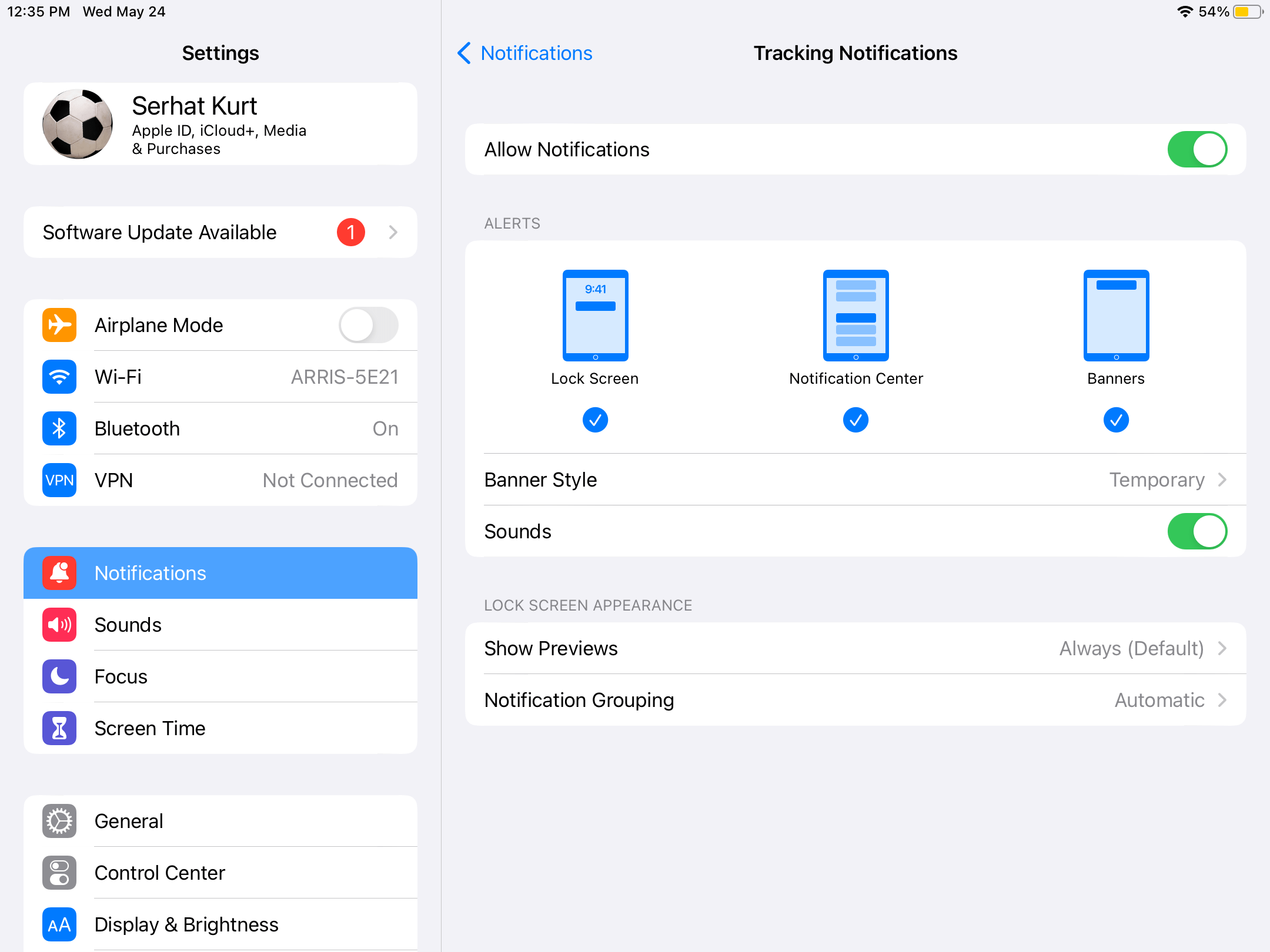 Tracking Notifications screen in Settings > Notifications