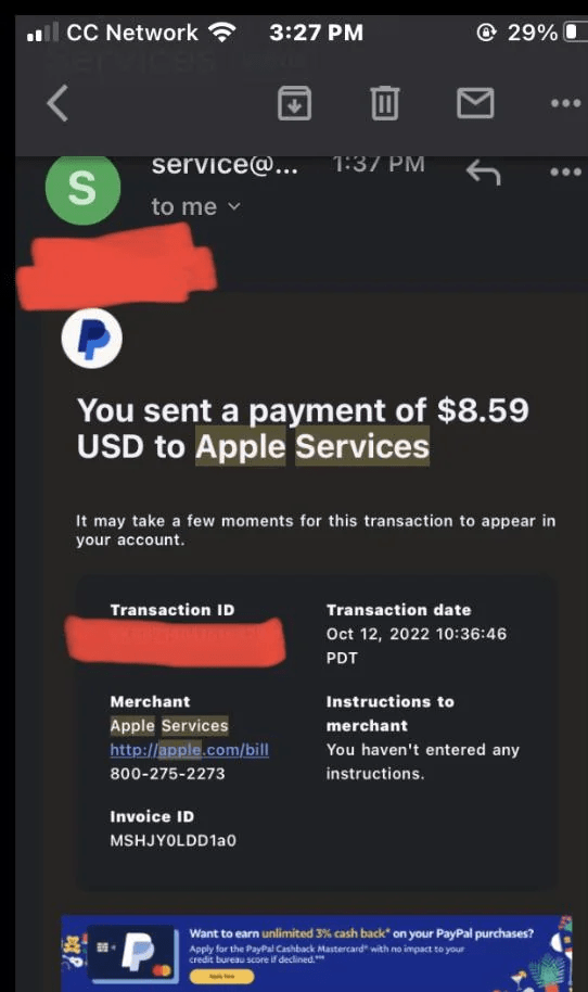 PayPal notification saying you send payment to Apple Services. 