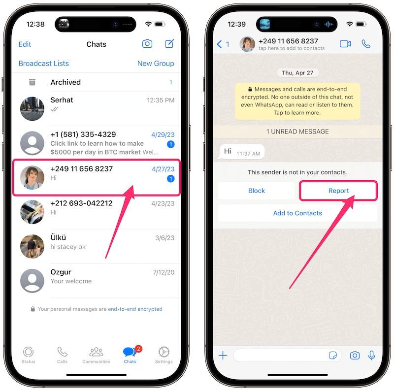 report chat in WhatsApp on iPhone