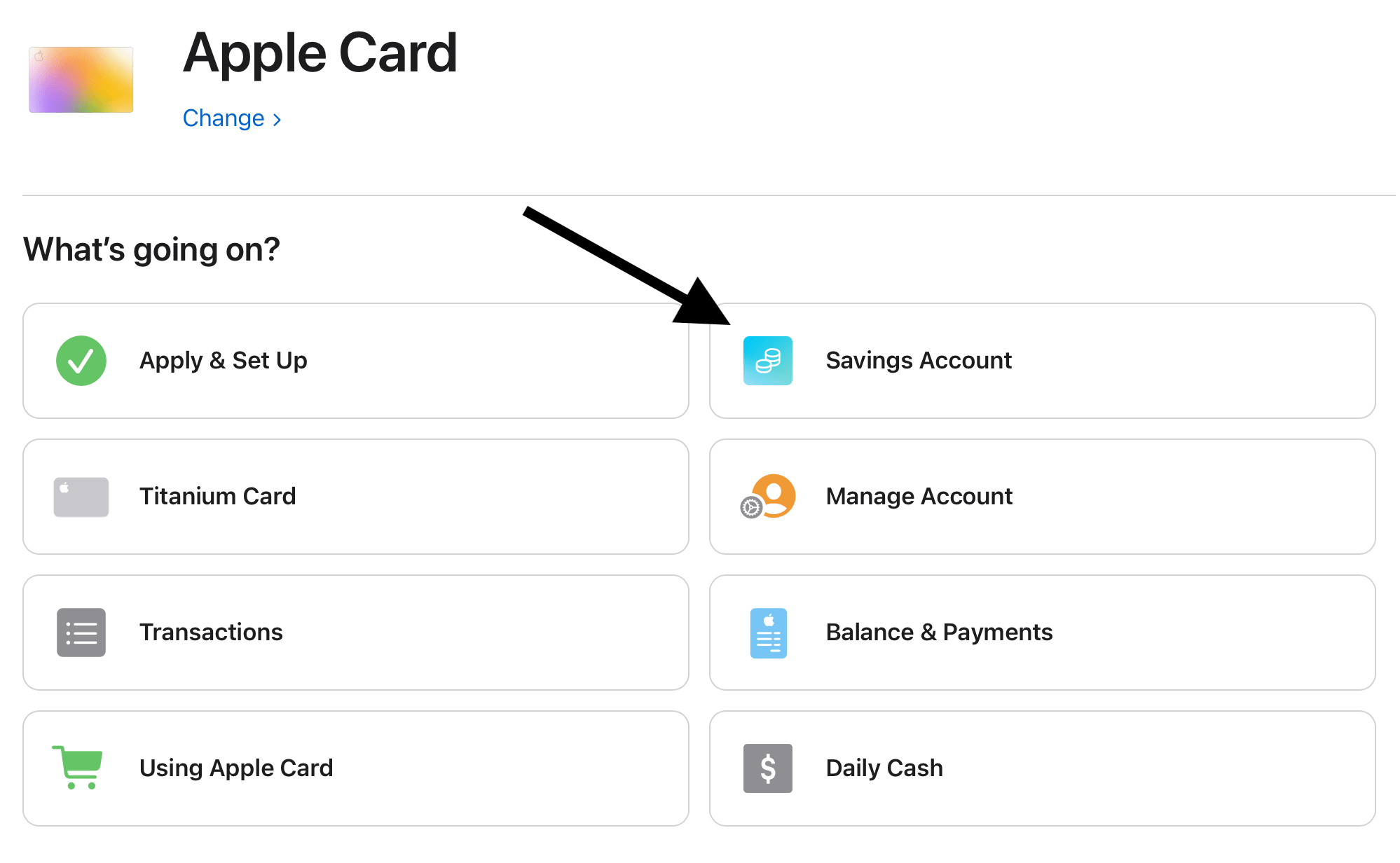Apple support website Savings Account option