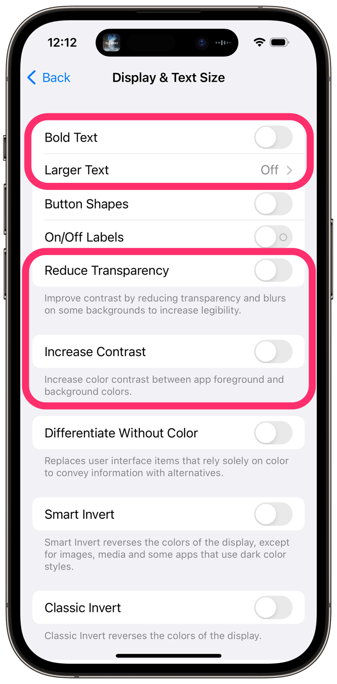 settings accessibility display and text size options