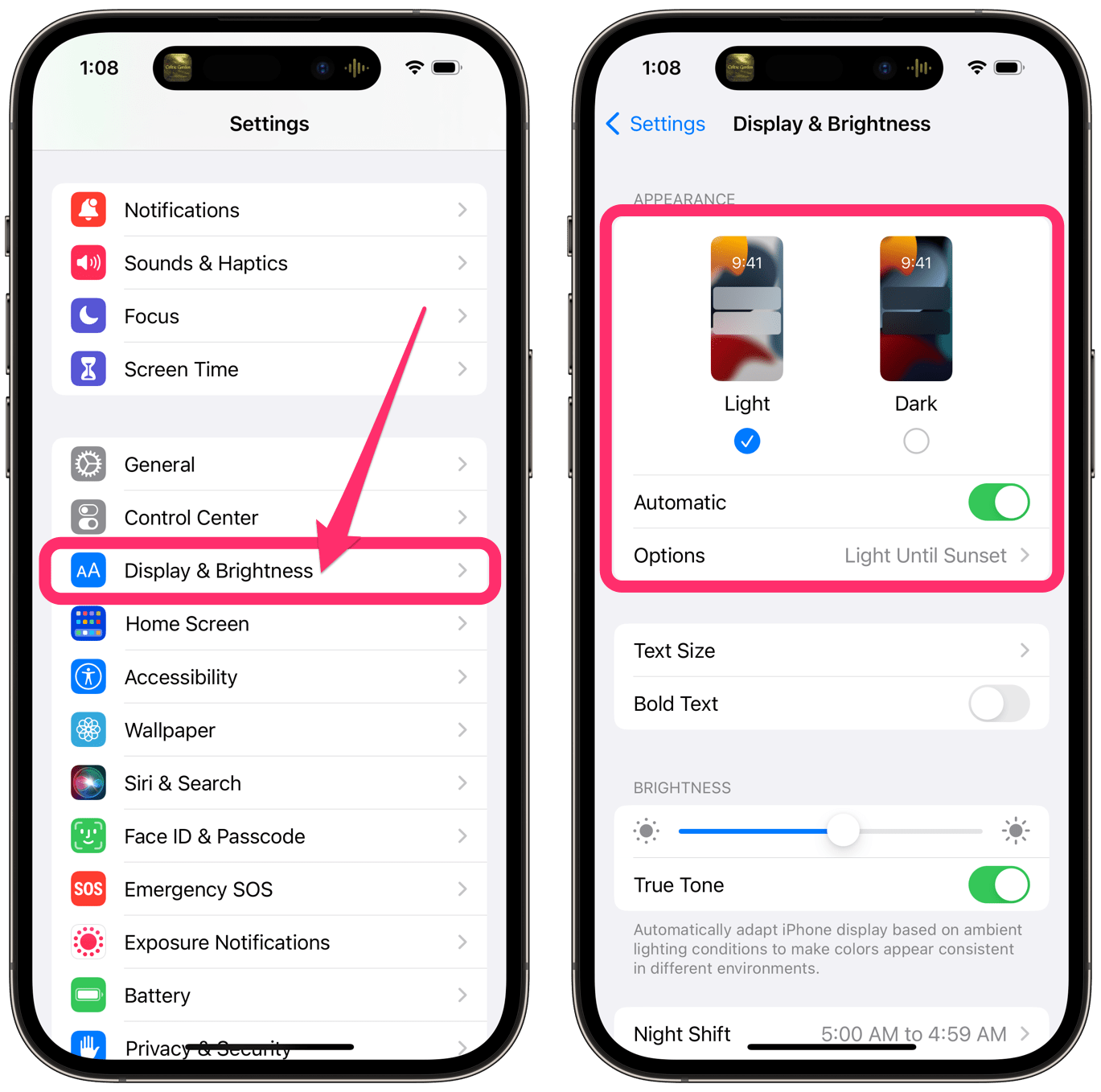 settings display and brightness light or dark mode