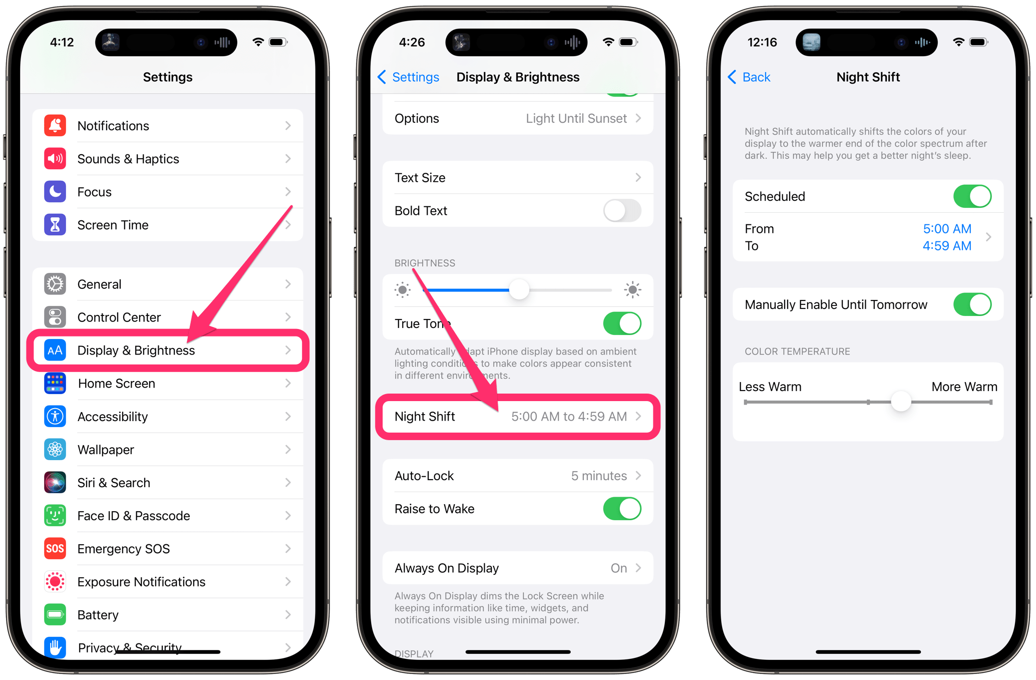 settings display and brightness night shift