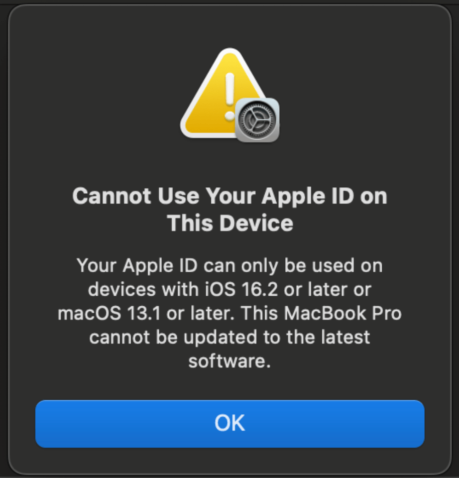 cannot use your Apple ID on this device message