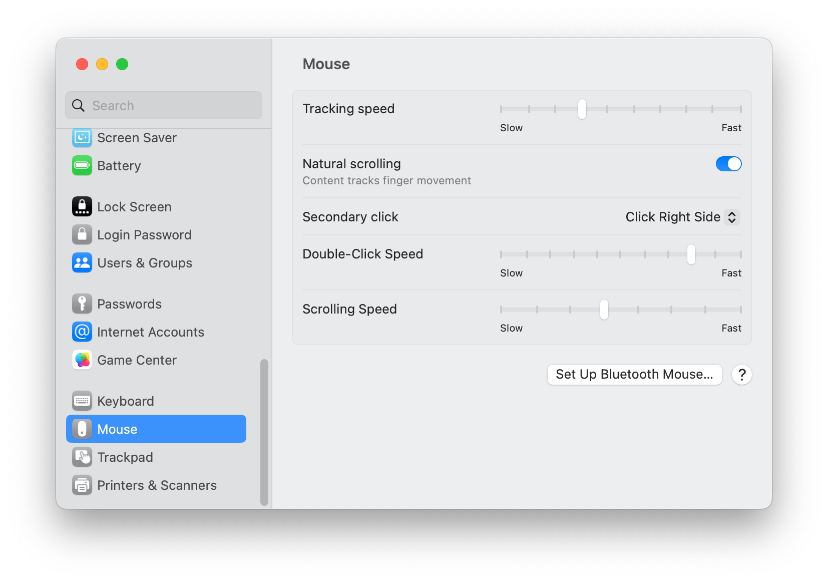 mouse settings on Mac