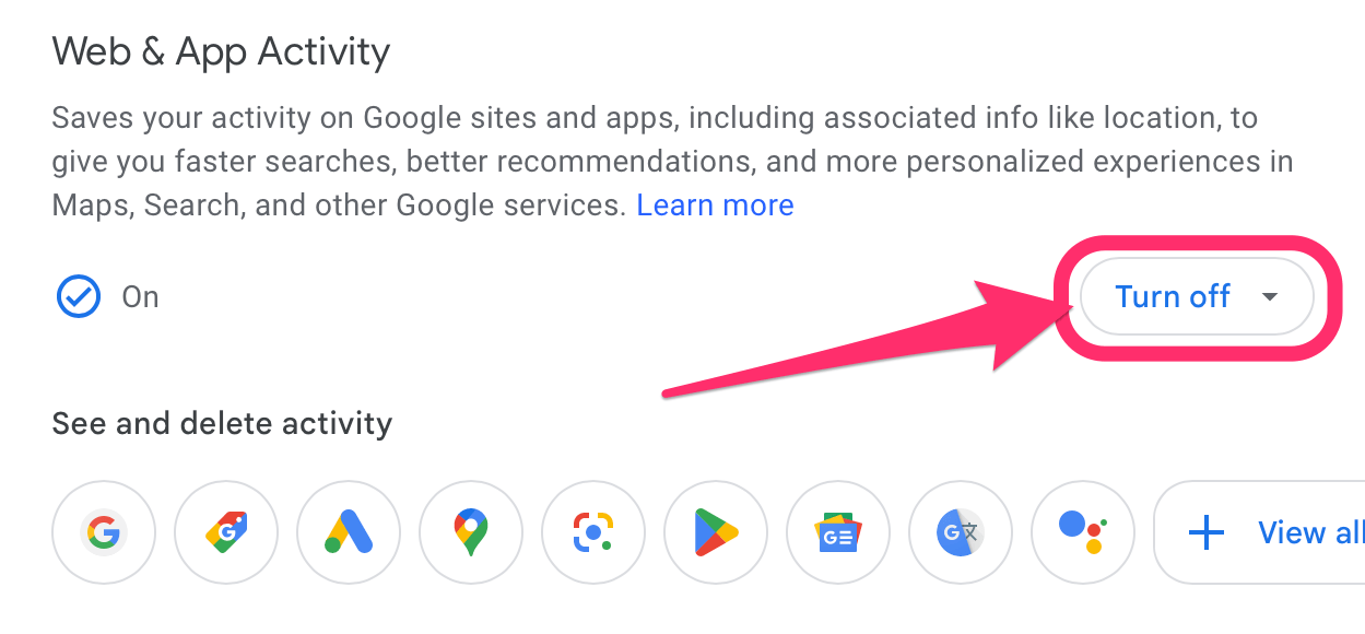 turn off web and app activity