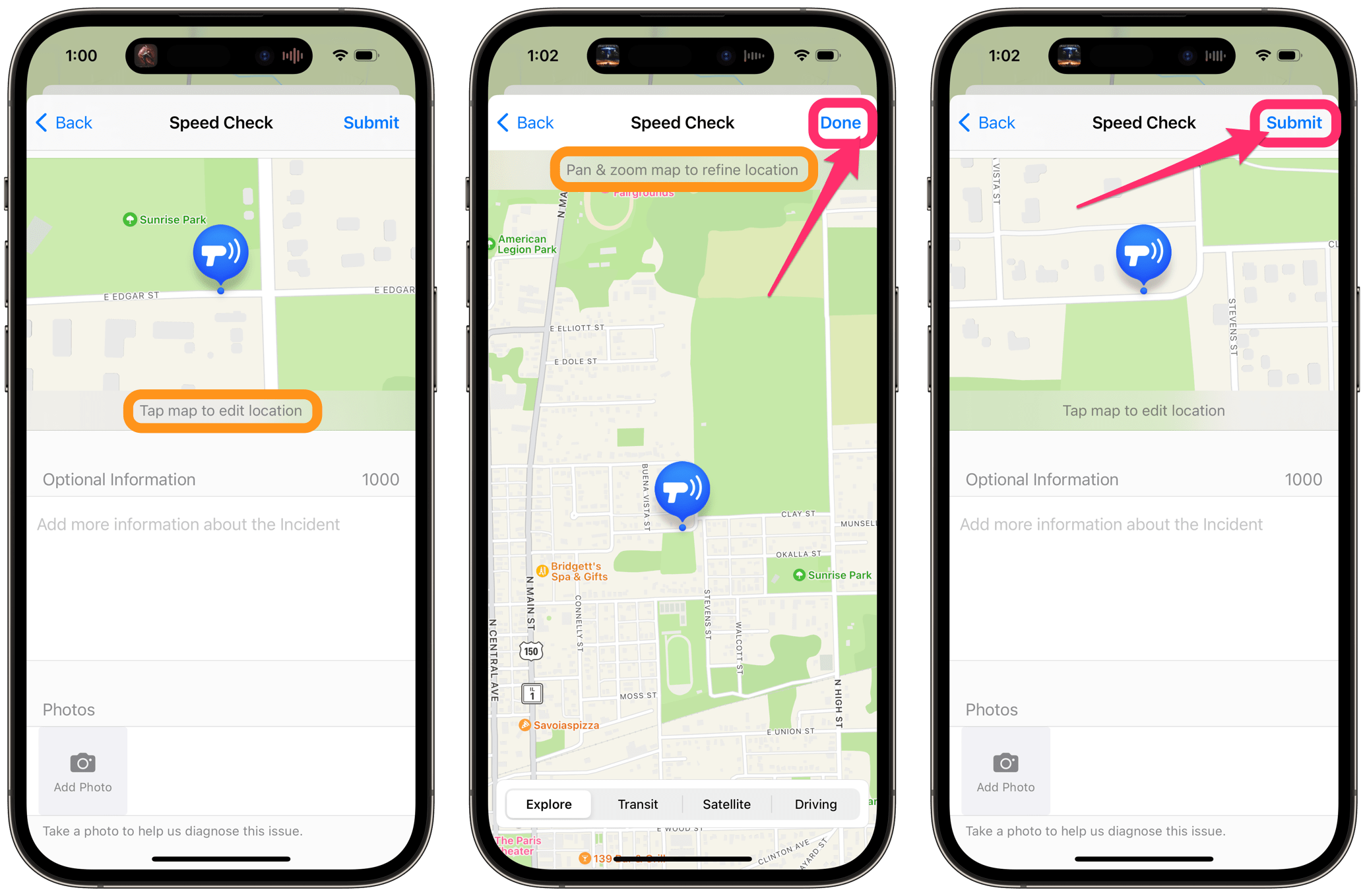 adjust map and submit in maps on iPhone