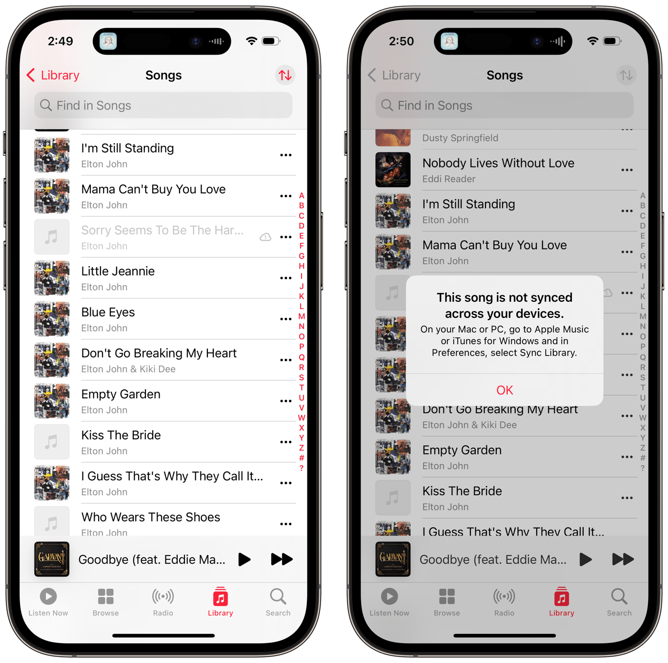 this song is not synced across your devices in Apple Music