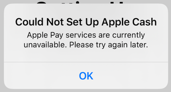Could not set up Apple Cash error screen
