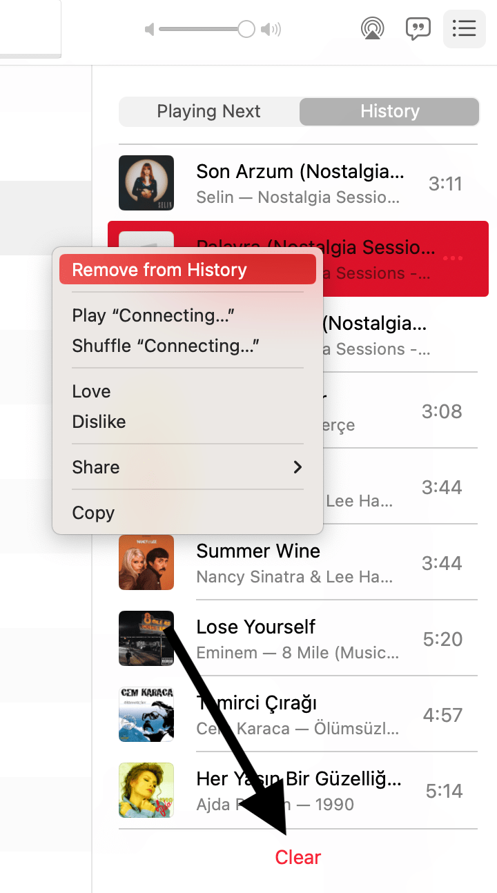 Delete songs from your listening history
