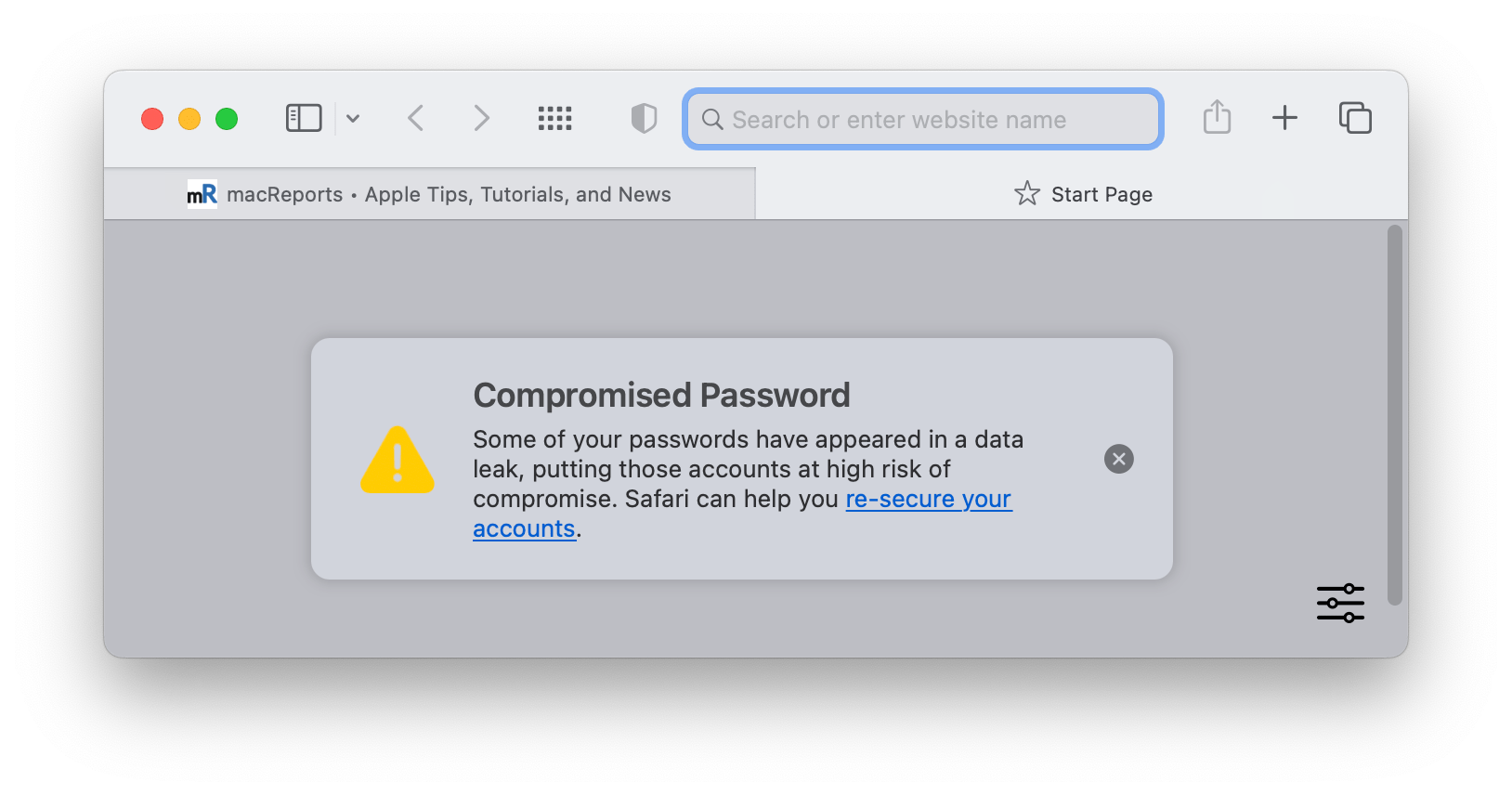 compromised password message in Safari. Password have appeared in a data leak.