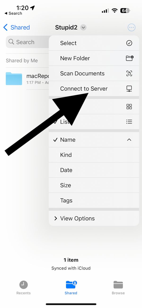 Connect to Mac SMB Server option on iPhone