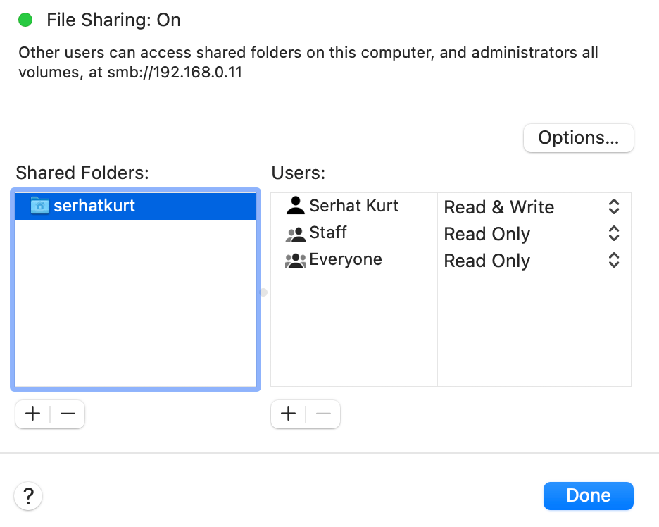 File Sharing options showing the shared folders