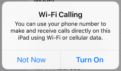Wi-Fi calling popup notice