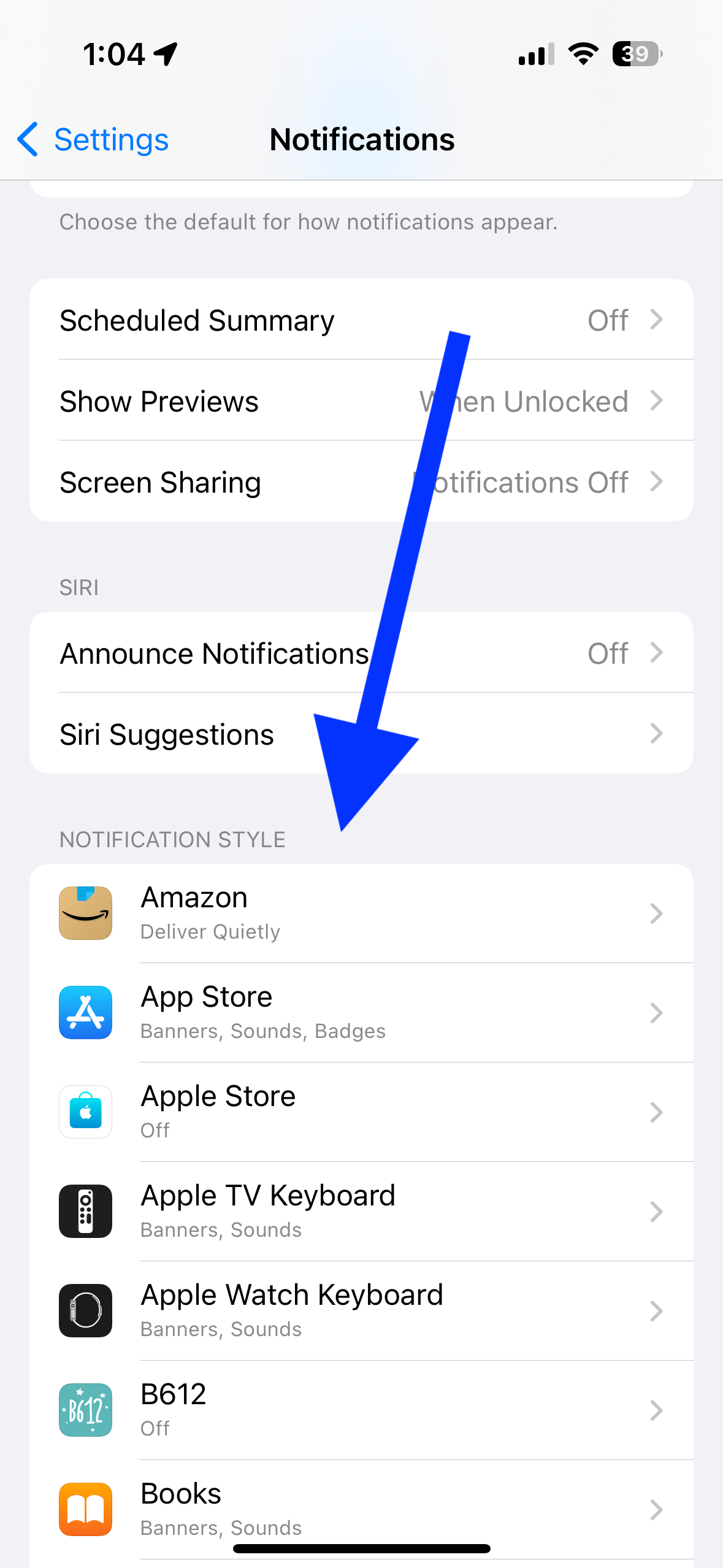 Notification Style section, App lists