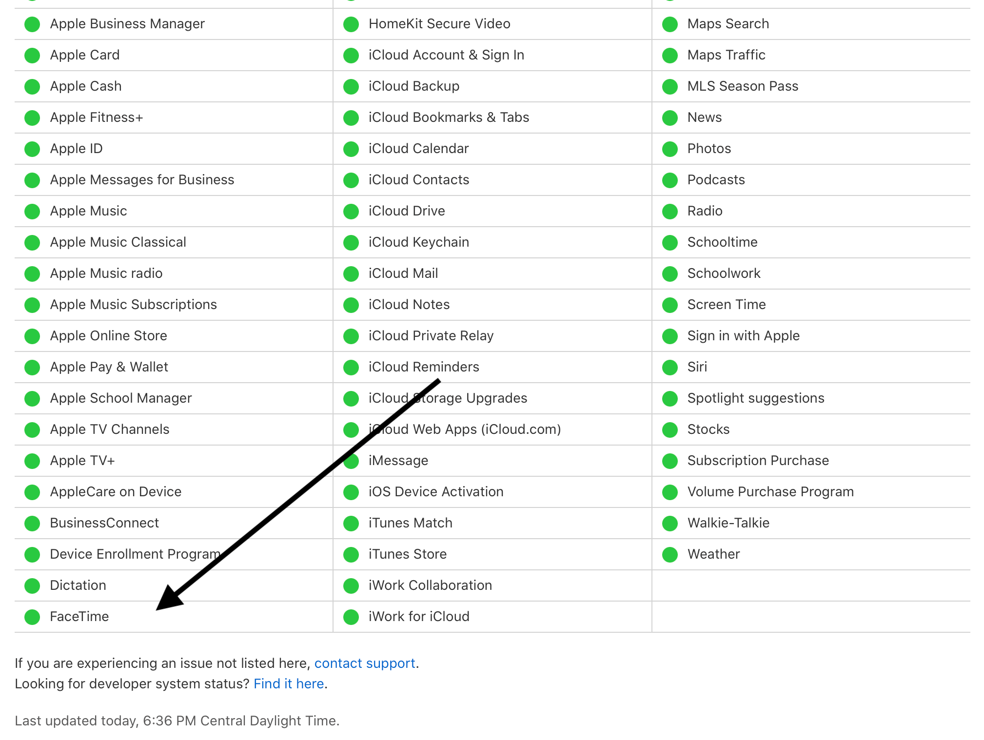 A screenshot of Apple System Status page