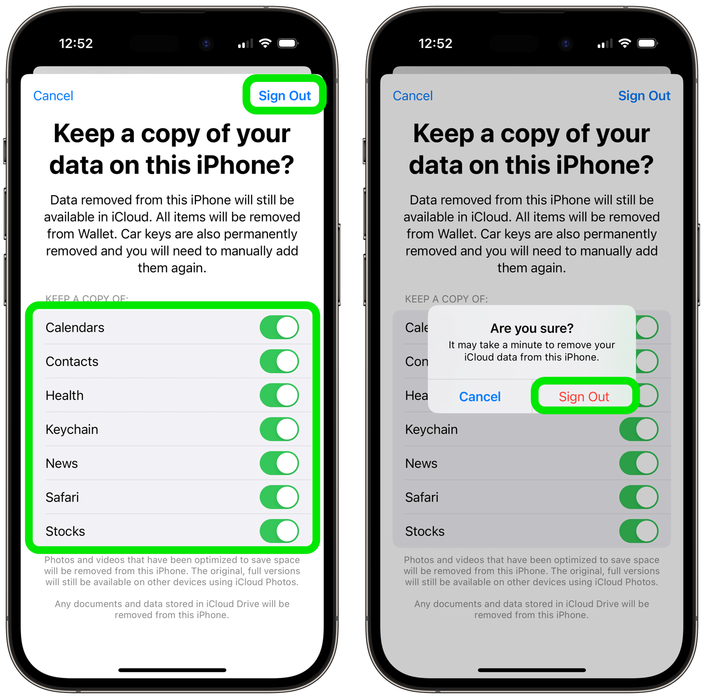 keep a copy of then sign out sign out of Apple ID iCloud on iPhone