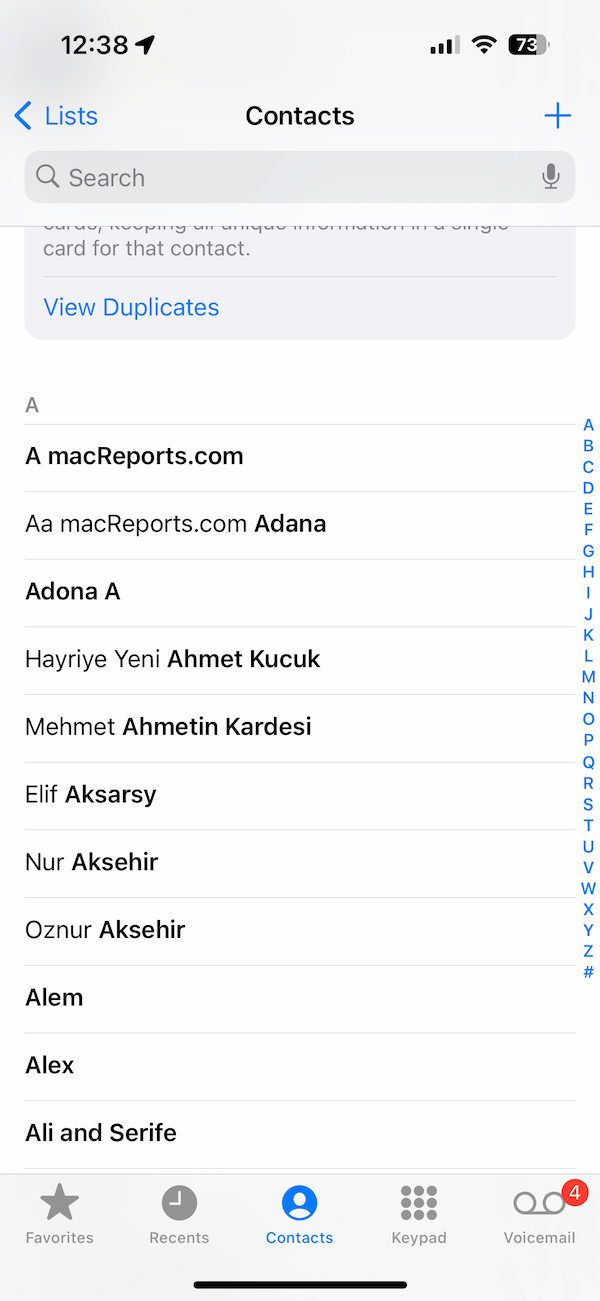 Contacts screen