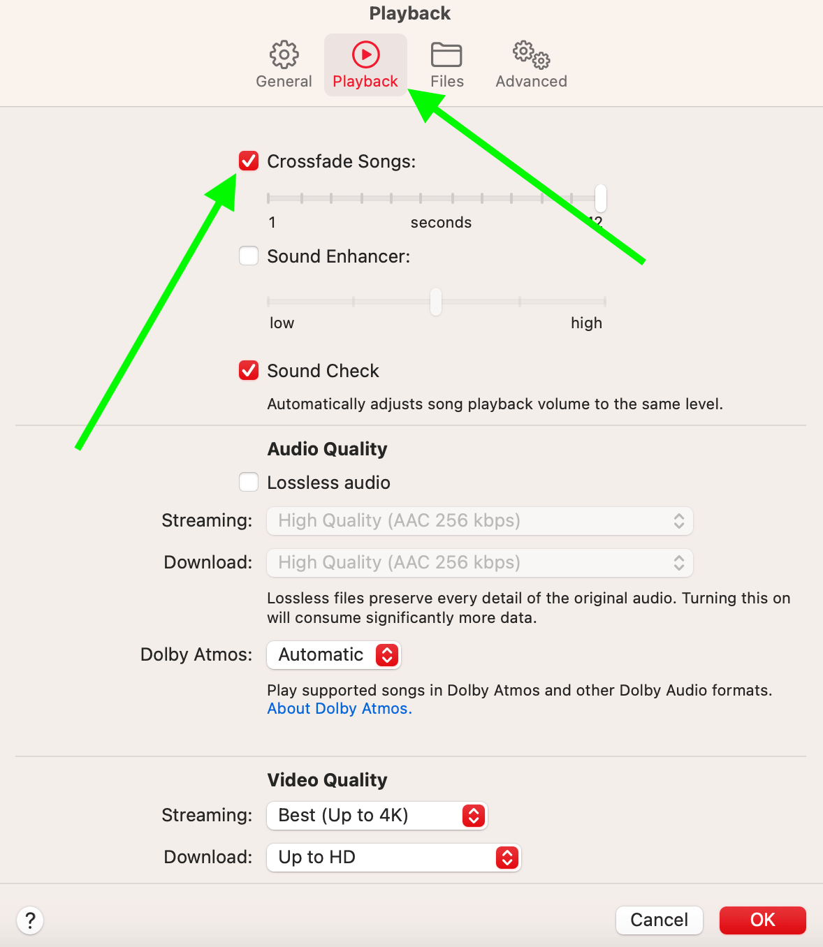 Mac crossfade settings options